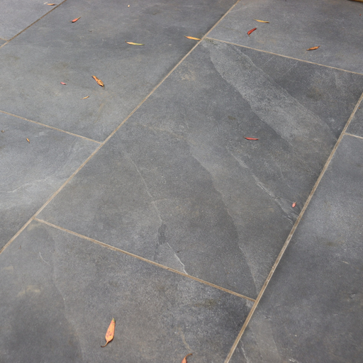 Close-up of Paradiso Dark Grey from Select Living Group with a few leaves on a patio