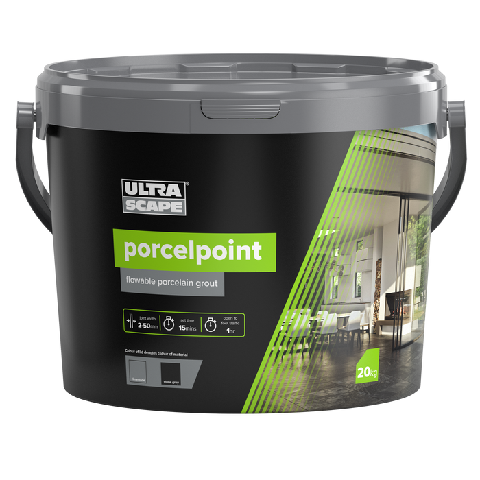 A tub of PorcelPoint Grout in the shade limestone.