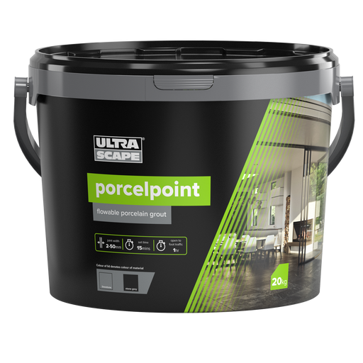 A tub of porcelpoint grout in the colour stone grey.
