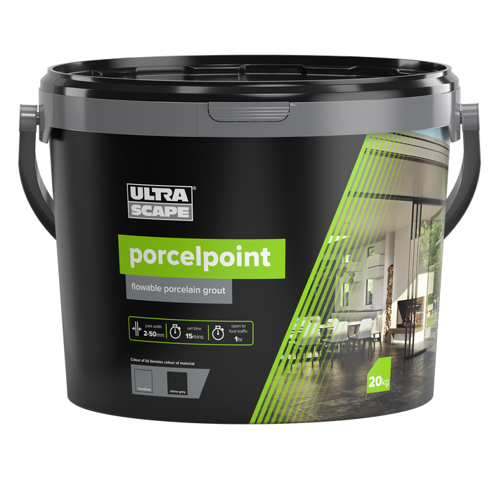 A tub of porcelpoint grout in the colour stone grey.