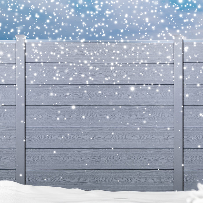 Select composite fencing in a garden during winter whilst it snows