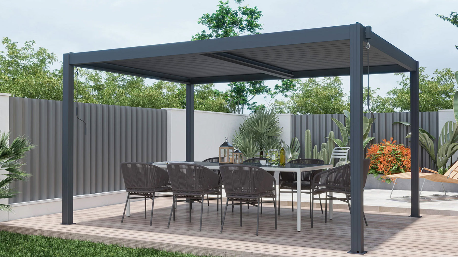 Aluminium Pergola in garden with seating area.