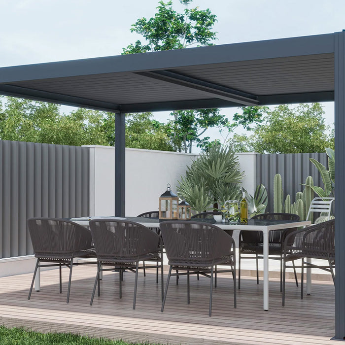 Aluminium Pergola in garden with seating area.