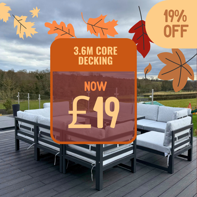 outdoor composite decking with wicker furniture and potted plants. 