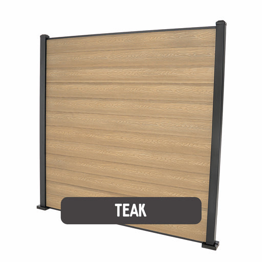 Select Living Group composite fencing full product shot, Teak Flat fence panel with Aluminium posts, height 1.8m