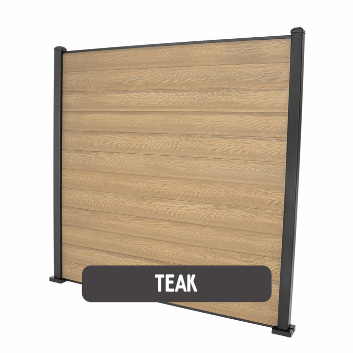 Select Living Group composite fencing full product shot, Teak Flat fence panel with Aluminium posts, height 1.8m
