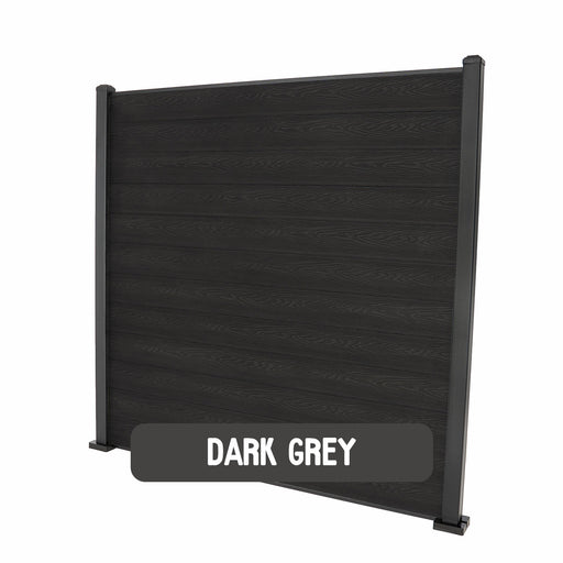 Select Living Group composite fencing full product shot, Dark Grey Flat fence panel with Aluminium posts, height 1.8m