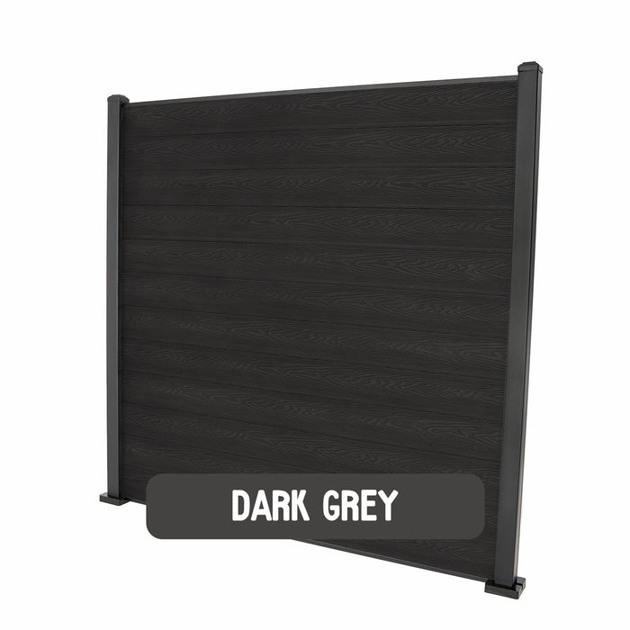 Select Living Group composite fencing full product shot, Dark Grey Flat fence panel with Aluminium posts, height 1.8m