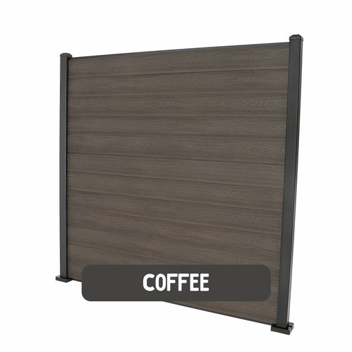 Select Living Group composite fencing full product shot, Coffee Flat fence panel with Aluminium posts, height 1.8m