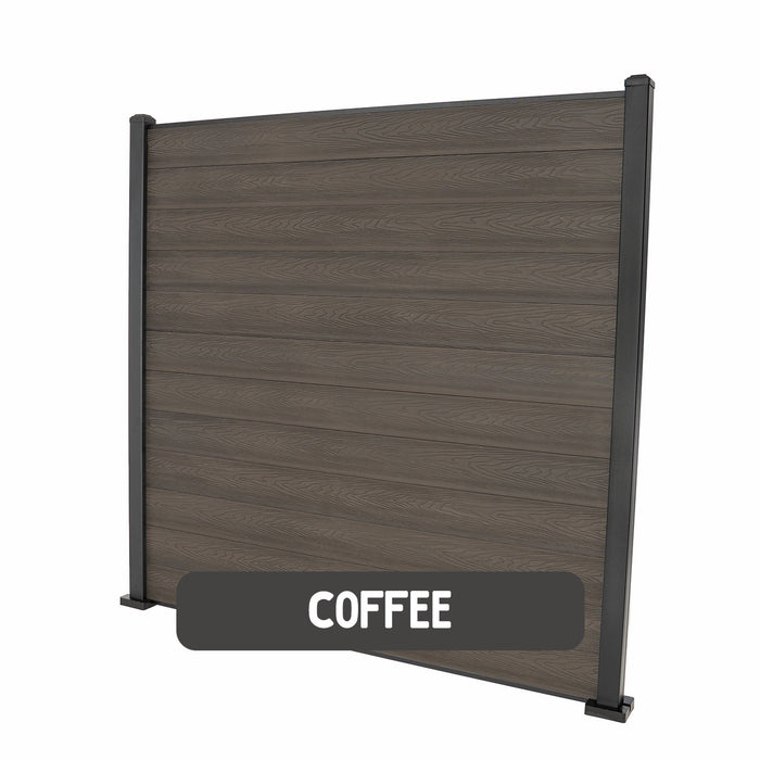 Select Living Group composite fencing full product shot, Coffee Flat fence panel with Aluminium posts, height 1.8m