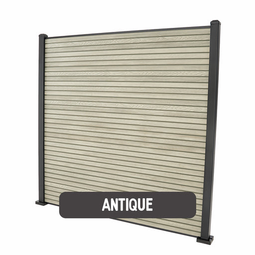 Select Living Group composite fencing full product shot, Antique Slatted fence panel with Aluminium posts, height 1.8m