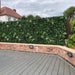 Backyard with artificial green wall, deck, and house in the background
