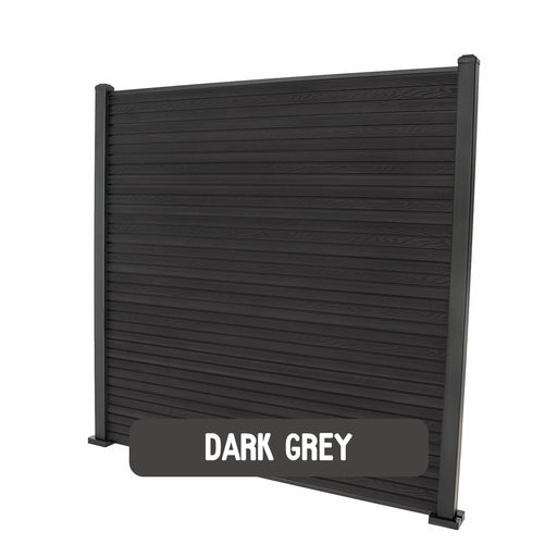 Select Living Group composite fencing full product shot, Dark Grey Slatted fence panel with Aluminium posts, height 1.8m