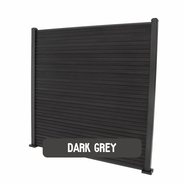 Select Living Group composite fencing full product shot, Dark Grey Slatted fence panel with Aluminium posts, height 1.8m