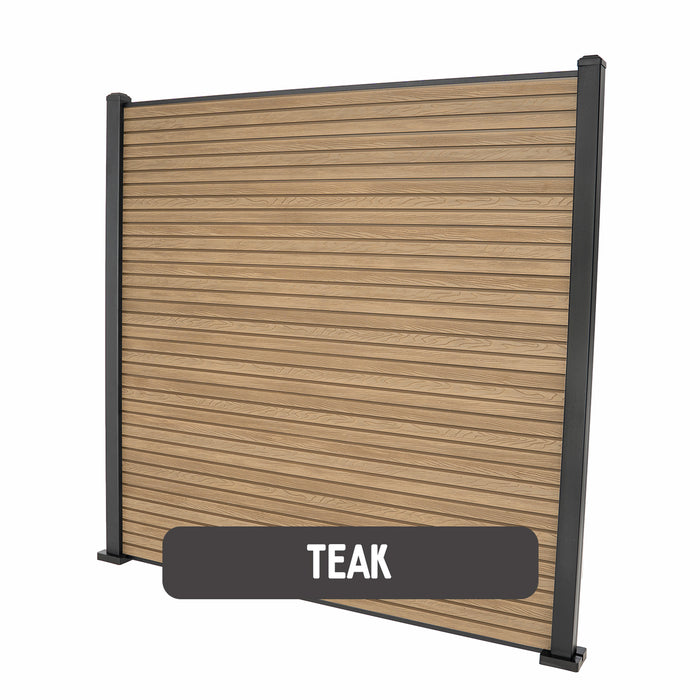 Select Living Group composite fencing full product shot, Teak Slatted fence panel with Aluminium posts, height 1.8m