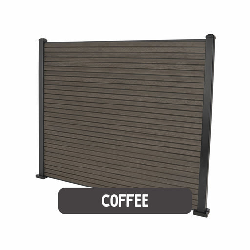 Select Living Group composite fencing full product shot, Coffee Slatted fence panel with Aluminium posts, height 1.8m