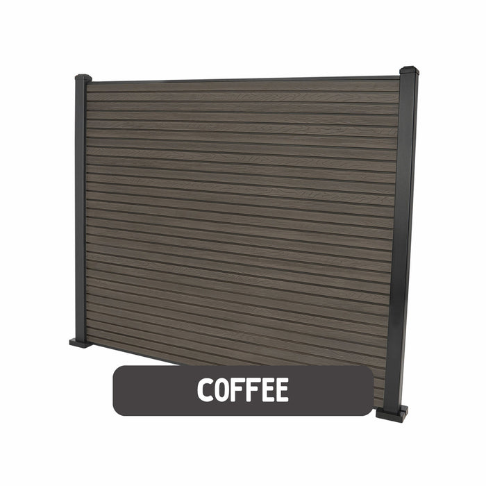 Select Living Group composite fencing full product shot, Coffee Slatted fence panel with Aluminium posts, height 1.8m