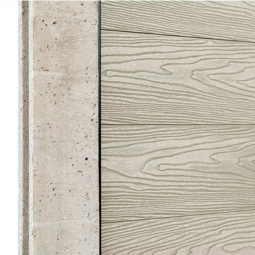 Select Living Group composite fencing angled close up product shot, Antique Flat fence panel with Concrete posts
