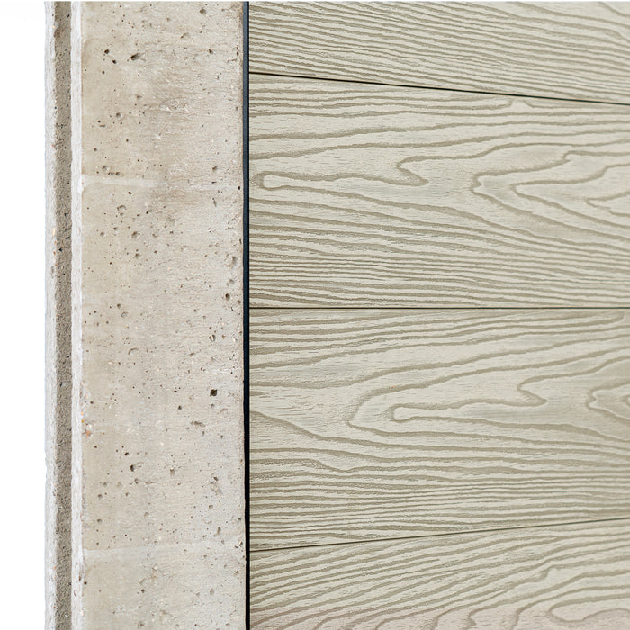 Select Living Group composite fencing angled close up product shot, Antique Flat fence panel with Concrete posts