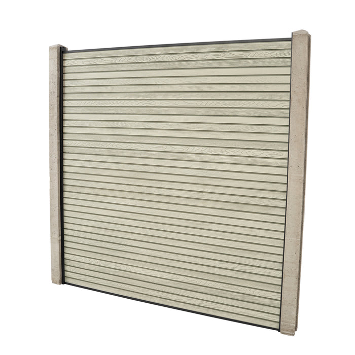 Select Living Group composite fencing full product shot, Antique Slatted fence panel with Concrete posts, height 1.8m