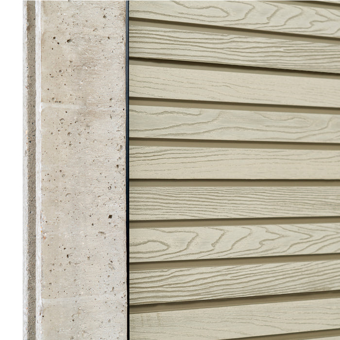 Select Living Group composite fencing angled close up product shot, Antique Slatted fence panel with Concrete posts