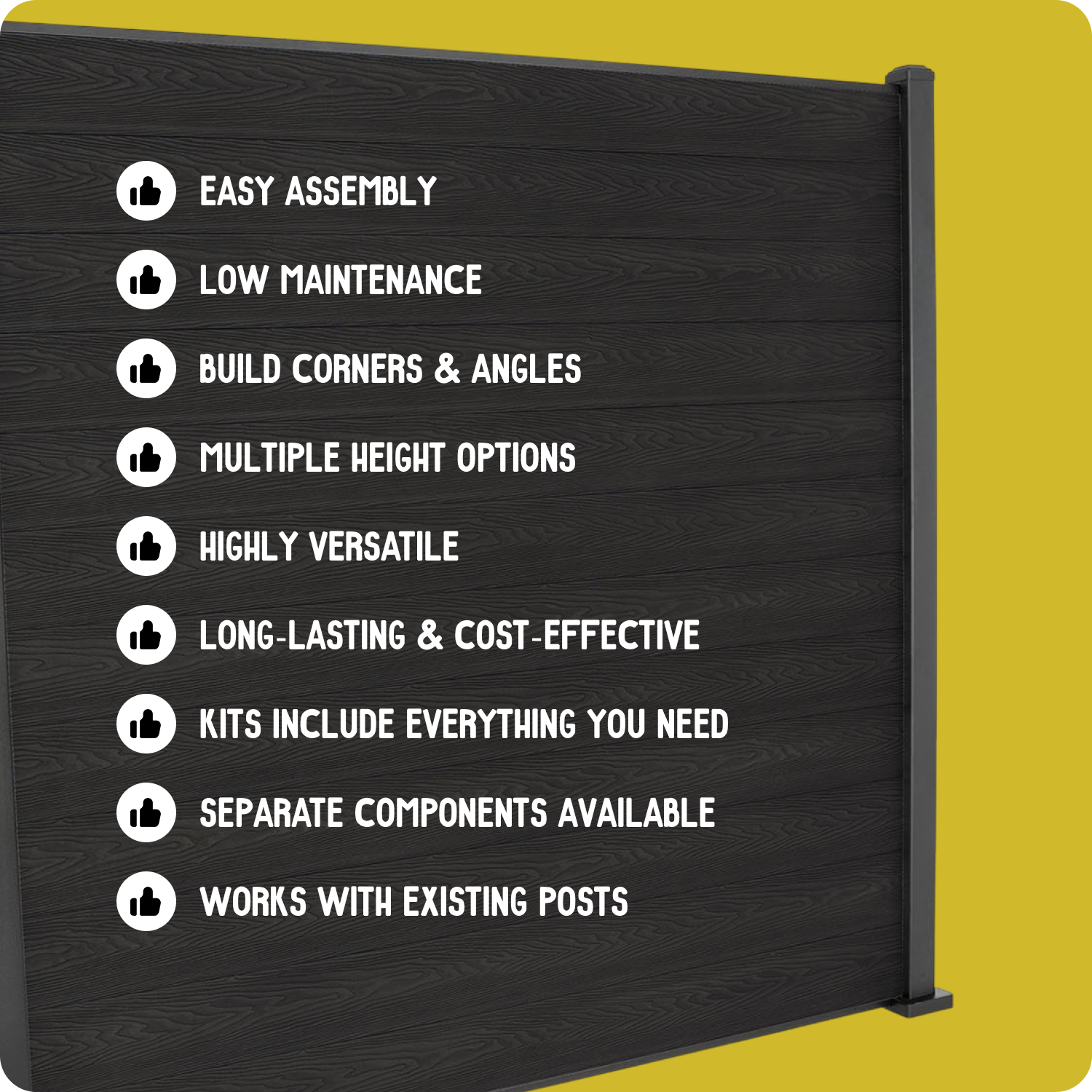 Select Living Group composite fencing full product shot, Dark Grey Flat fence panel with Aluminium posts, height 1.8m with a thumbs up to introduce the benefits of this product