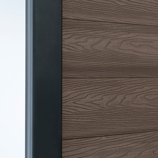 Select Living Group composite fencing angled close up product shot, Coffee Flat fence panel with Aluminium posts