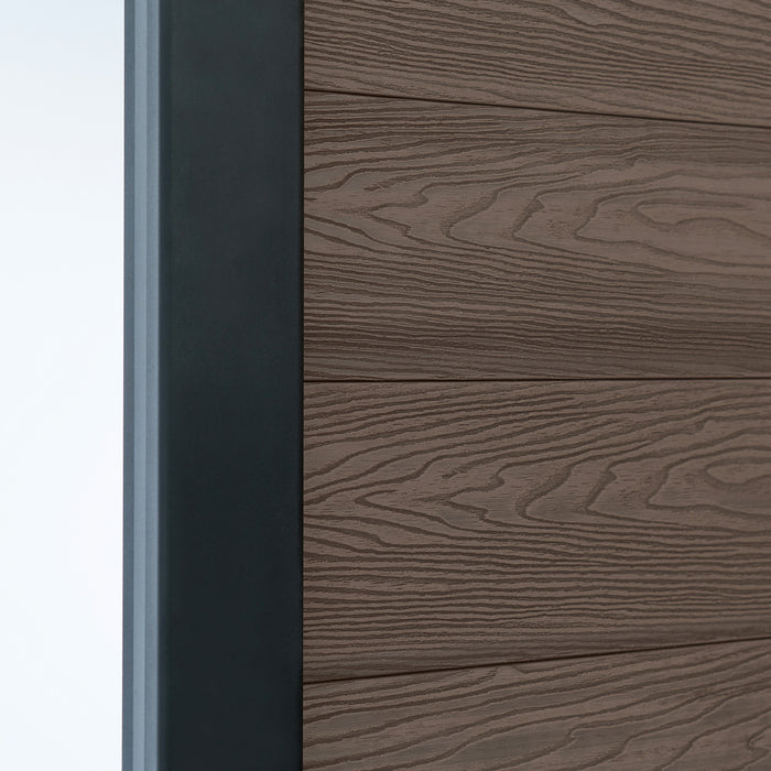 Select Living Group composite fencing angled close up product shot, Coffee Flat fence panel with Aluminium posts