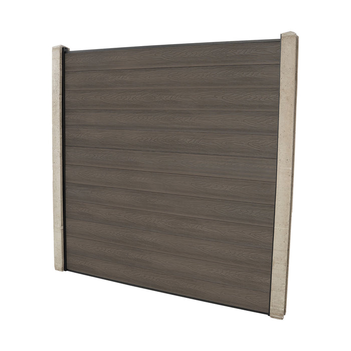 Select Living Group composite fencing full product shot, Coffee Flat fence panel with Concrete posts, height 1.8m