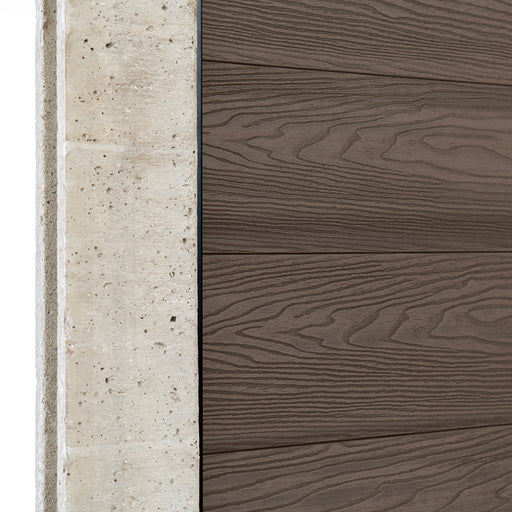 Select Living Group composite fencing angled close up product shot, Coffee Flat fence panel with Concrete posts