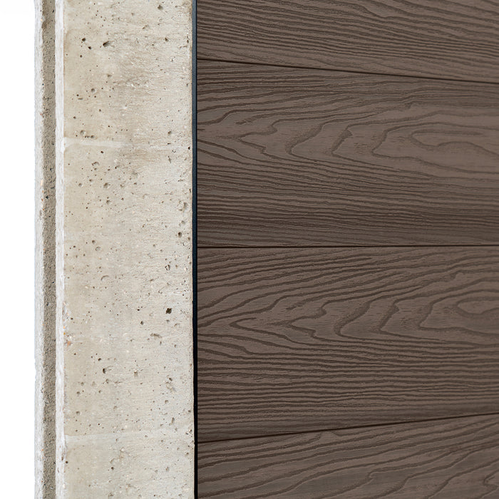 Select Living Group composite fencing angled close up product shot, Coffee Flat fence panel with Concrete posts