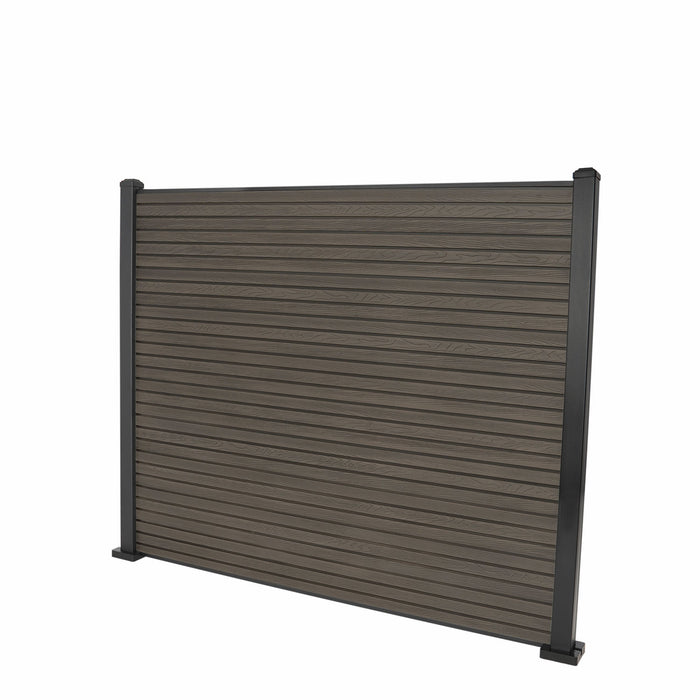 Select Living Group composite fencing full product shot, Coffee Slatted fence panel with Aluminium posts, height 1.5m