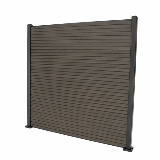 Select Living Group composite fencing full product shot, Coffee Slatted fence panel with Aluminium posts, height 1.8m