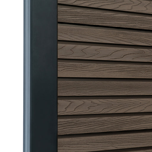 Select Living Group composite fencing angled close up product shot, Coffee Slatted fence panel with Aluminium posts