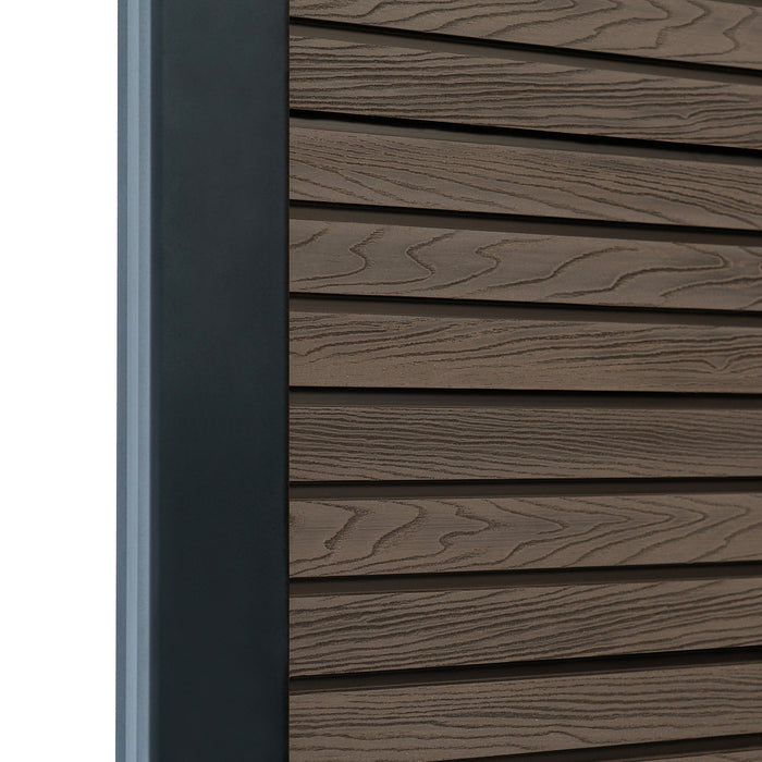 Select Living Group composite fencing angled close up product shot, Coffee Slatted fence panel with Aluminium posts