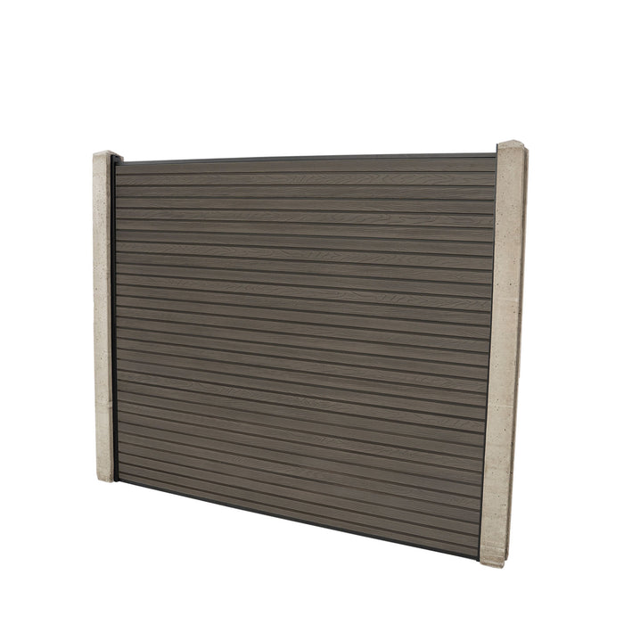 Select Living Group composite fencing full product shot, Coffee Slatted fence panel with Concrete posts, height 1.5m