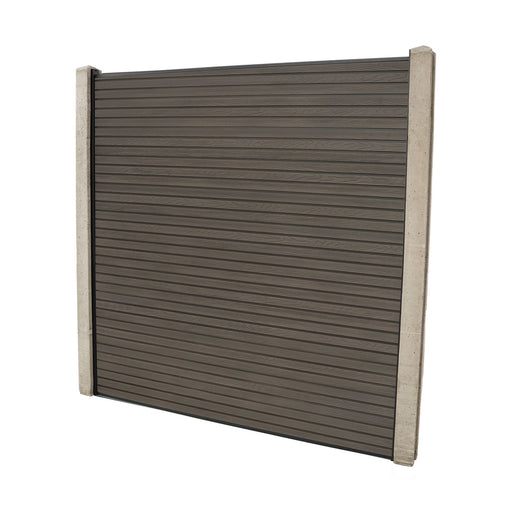 Select Living Group composite fencing full product shot, Coffee Slatted fence panel with Concrete posts, height 1.8m