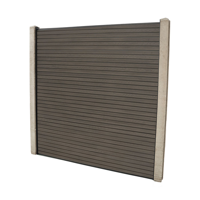 Select Living Group composite fencing full product shot, Coffee Slatted fence panel with Concrete posts, height 1.8m