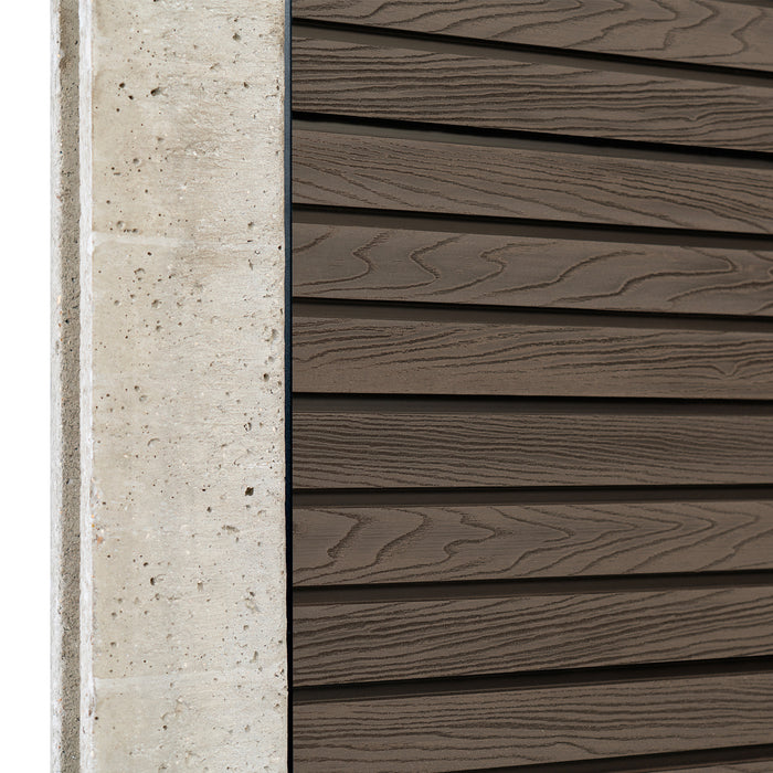 Select Living Group composite fencing angled close up product shot, Coffee Slatted fence panel with Concrete posts