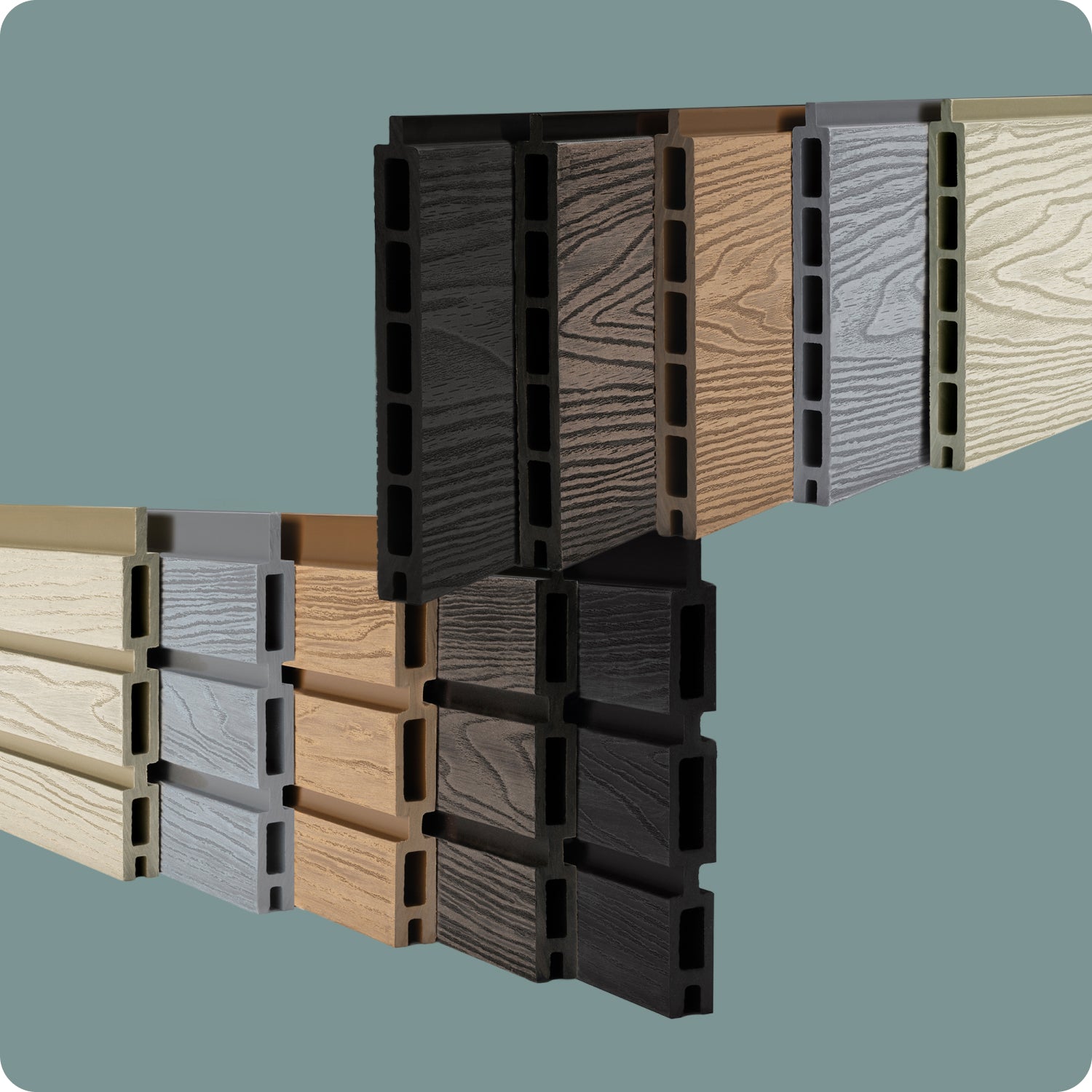 Select Living Group composite fencing product shot of all singular boards together, For Flat Type (top) from left: Dark Grey, Coffee, Teak, Light Grey, Antique. For Slatted type (bottom) from left: Antique, Light Grey, Teak, Coffee, Dark Grey