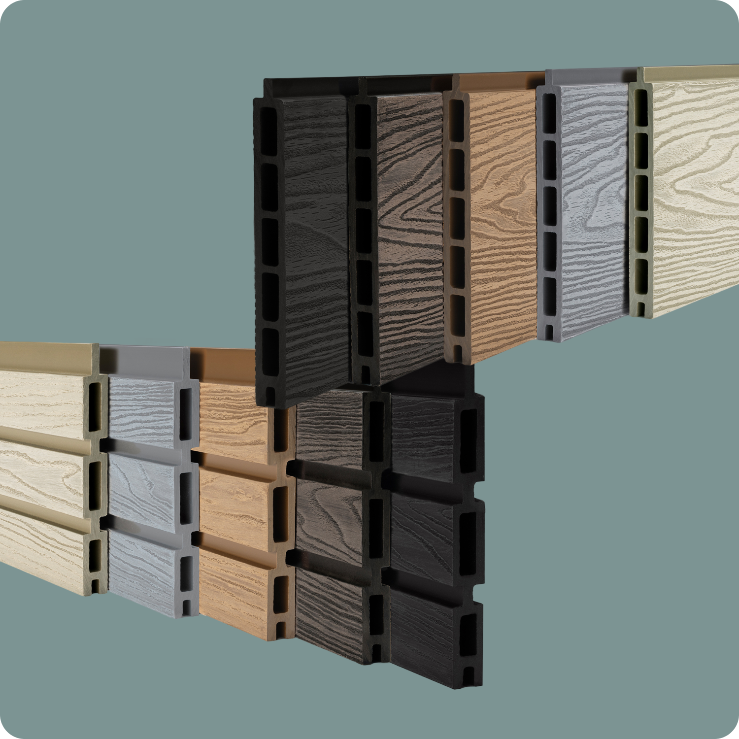 Select Living Group composite fencing product shot of all singular boards together, For Flat Type (top) from left: Dark Grey, Coffee, Teak, Light Grey, Antique. For Slatted type (bottom) from left: Antique, Light Grey, Teak, Coffee, Dark Grey