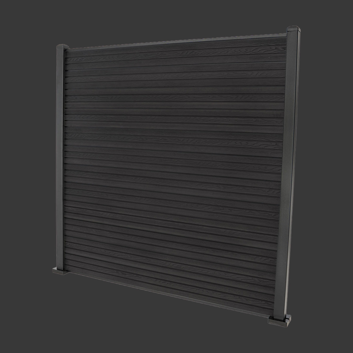 Select Living Group composite fencing full product shot, Dark Grey Slatted fence panel with Aluminium posts, height 1.8m