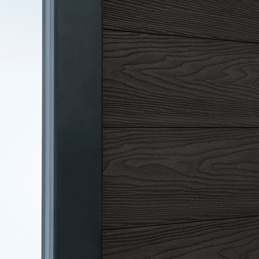 Select Living Group composite fencing angled close up product shot, Dark Grey Flat fence panel with Aluminium posts
