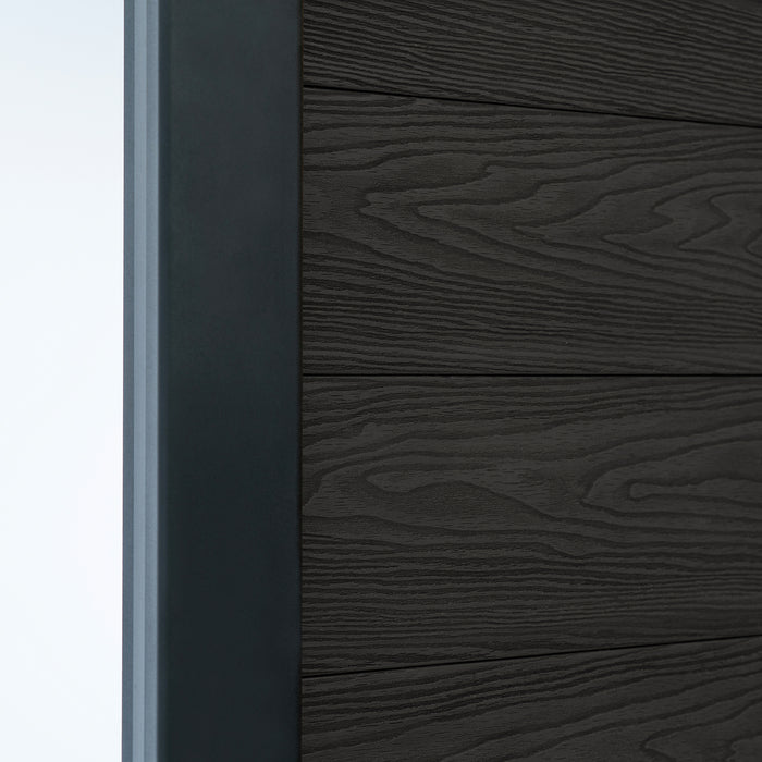 Select Living Group composite fencing angled close up product shot, Dark Grey Flat fence panel with Aluminium posts