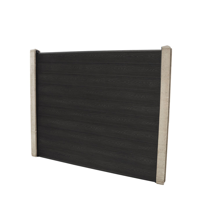 Select Living Group composite fencing full product shot, Dark Grey Flat fence panel with Concrete posts, height 1.5m