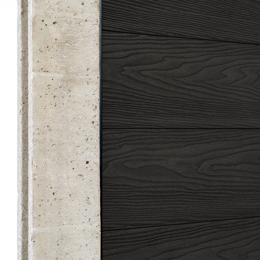Select Living Group composite fencing angled close up product shot, Dark Grey Flat fence panel with Concrete posts