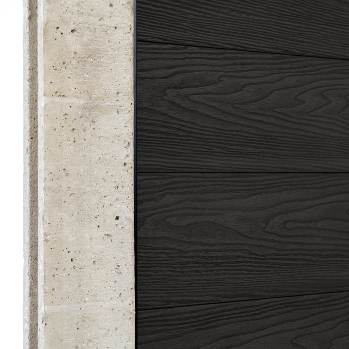 Select Living Group composite fencing angled close up product shot, Dark Grey Flat fence panel with Concrete posts