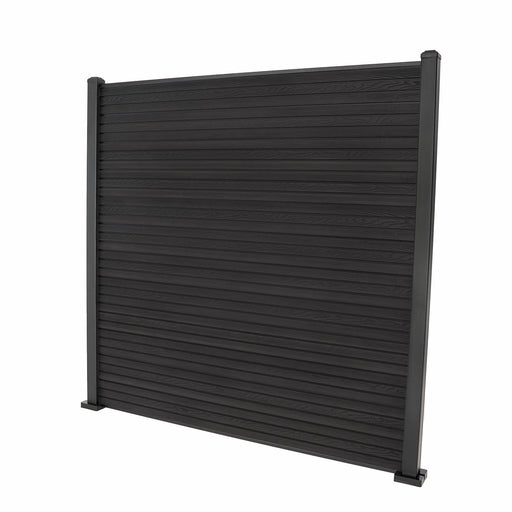 Select Living Group composite fencing full product shot, Dark Grey Flat fence panel with Aluminium posts, height 1.8m