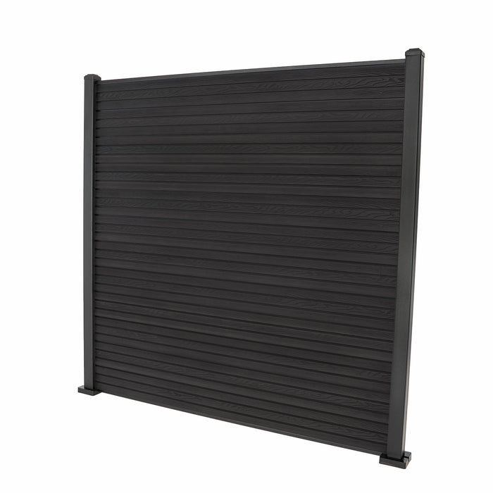 Select Living Group composite fencing full product shot, Dark Grey Flat fence panel with Aluminium posts, height 1.8m