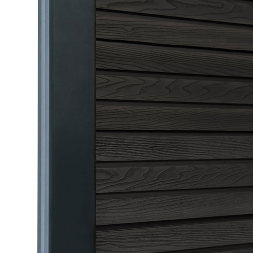 Select Living Group composite fencing angled close up product shot, Dark Grey Slatted fence panel with Aluminium posts